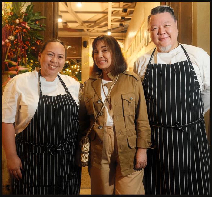 Senator Loren Legarda standing between chefs Rhea and Jay Jay SyCip inside The Fatted Calf restaurant in Tagaytay