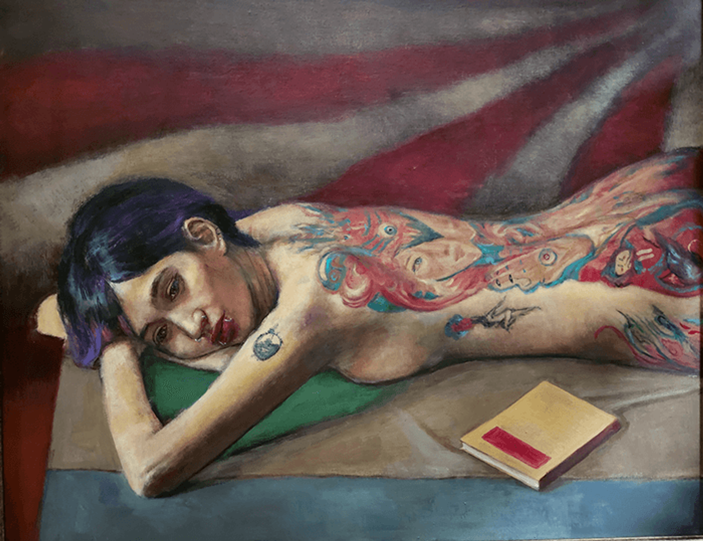 Painting titled Wild Thing depicting a reclining female figure with purple hair and a detailed full-back tattoo lying next to a book