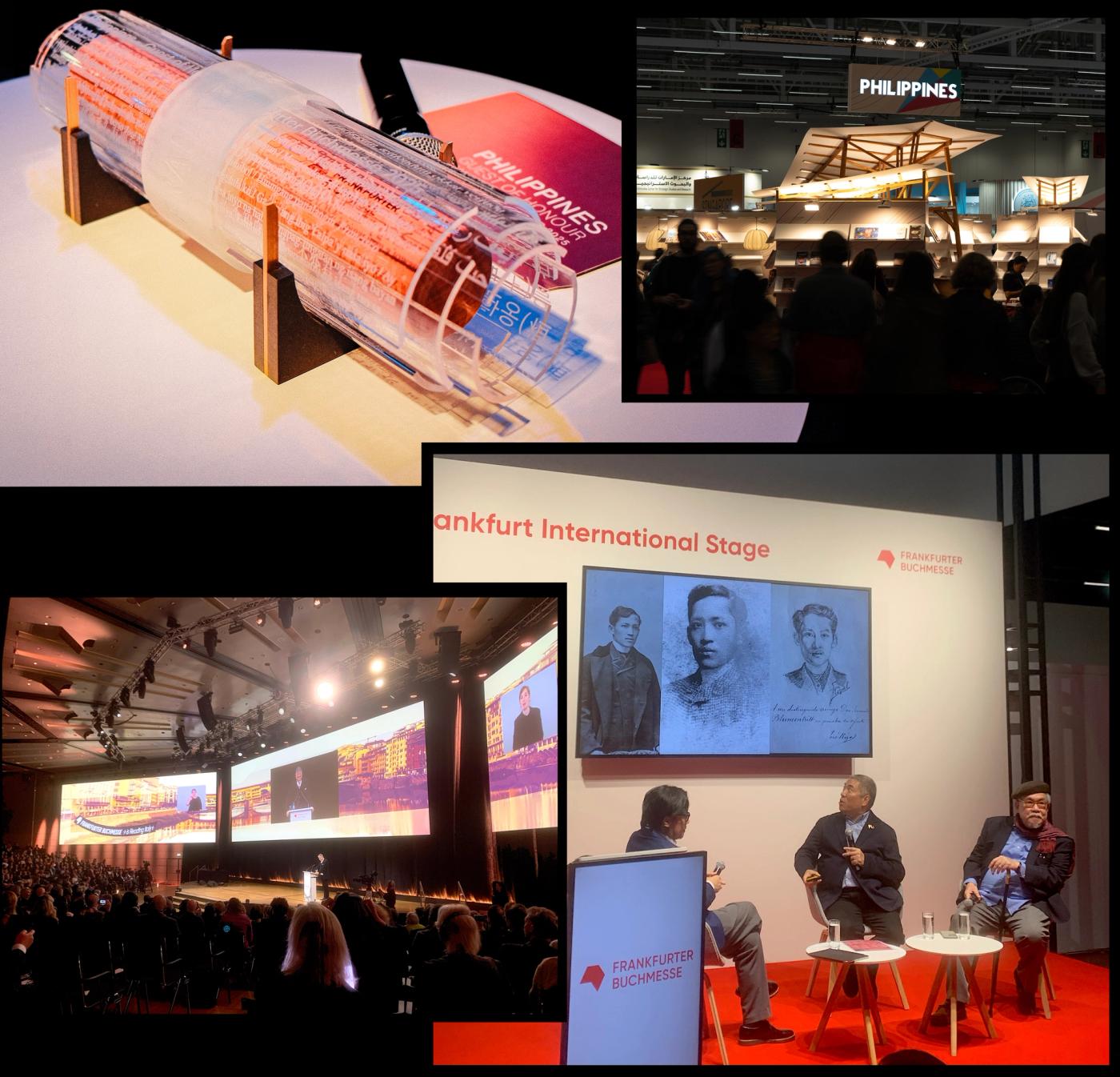 Collage: the illuminated Guest Scroll on its wooden cradle, the Philippines stand glowing at night, the opening-night plenary hall, and a Frankfurt International Stage talk before archival portraits of Rizal