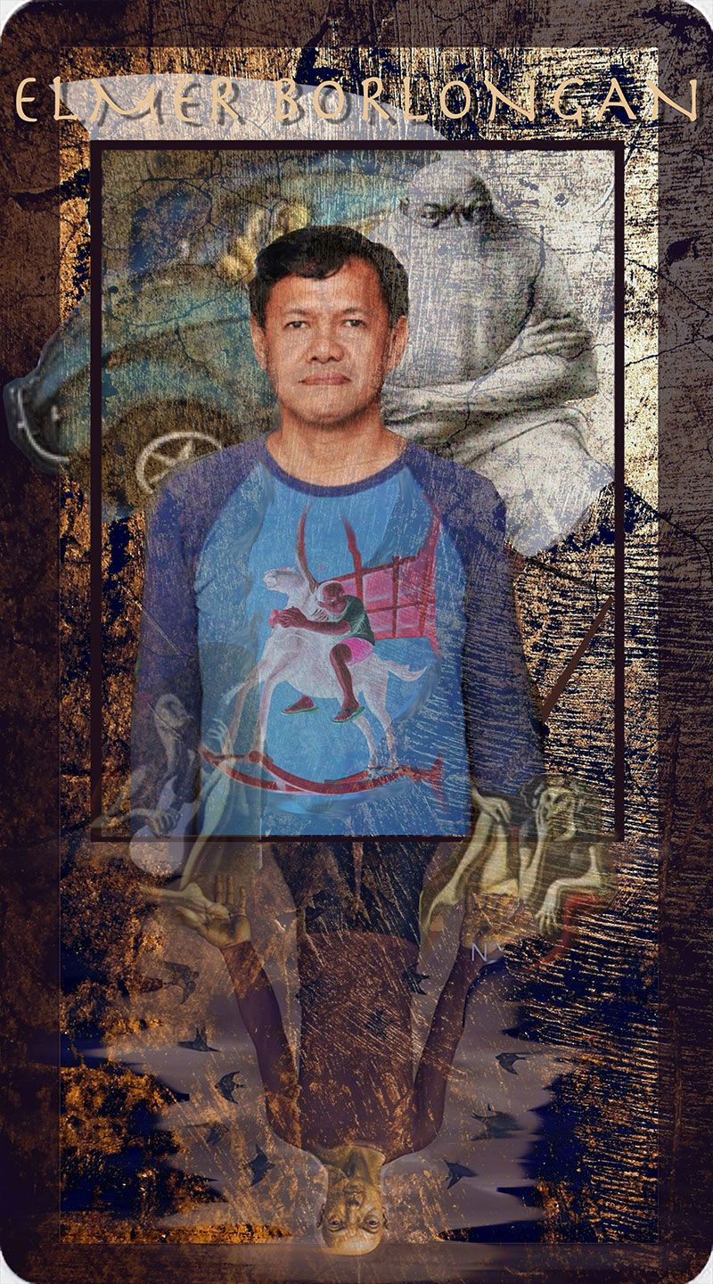 Composite portrait card of painter Elmer Borlongan in a blue shirt printed with a rocking horse artwork, montaged over his own paintings of gaunt bald figures and a dog