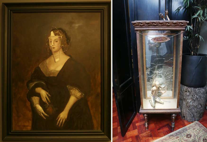 Left, a veiled classical-style portrait of a woman; right, a kneeling figure sealed inside a cracked-glass vitrine sculpture
