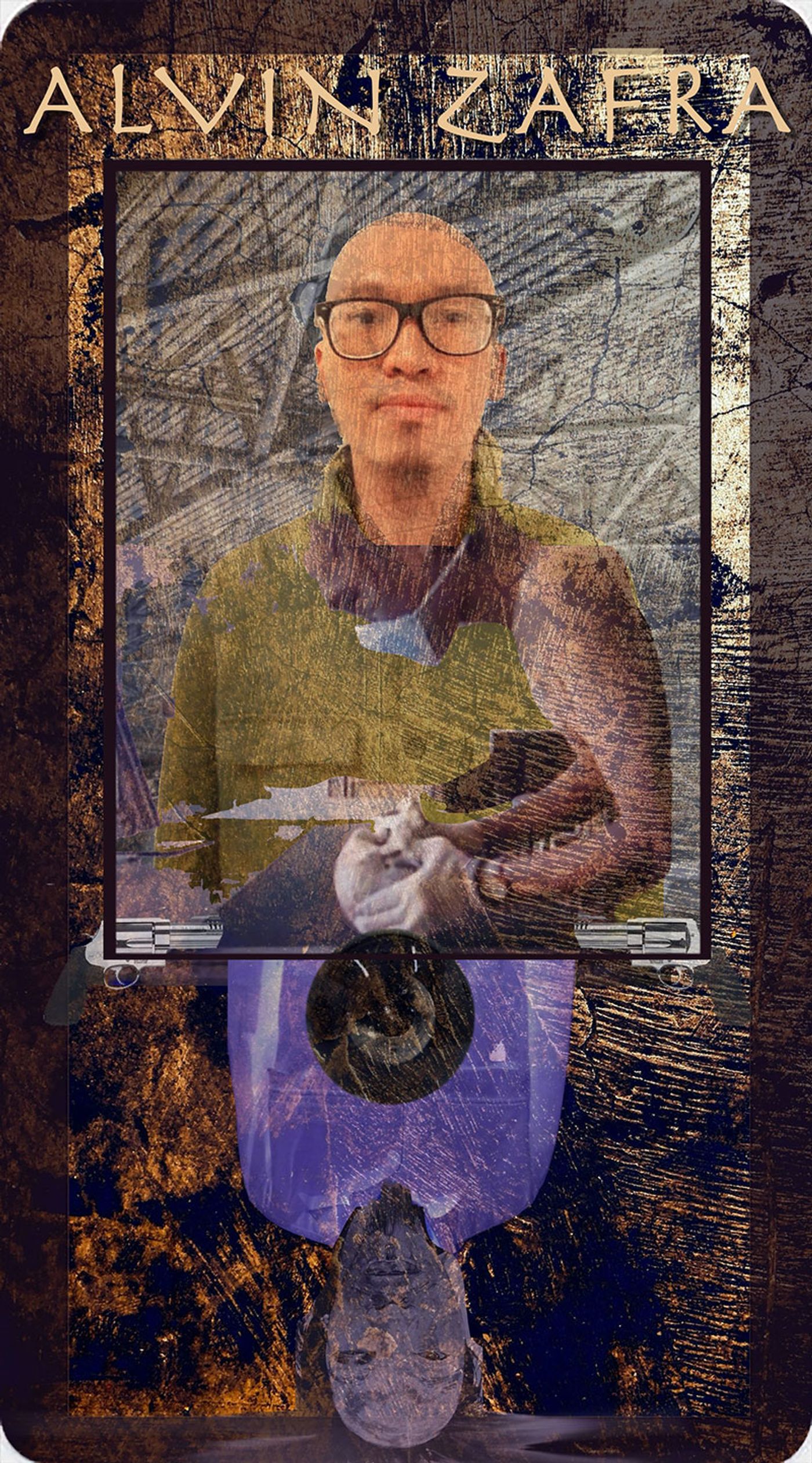 Composite portrait card of artist Alvin Zafra, bald and in black glasses, montaged over a grey scratched abstract surface with a violet form and a pale carved face below