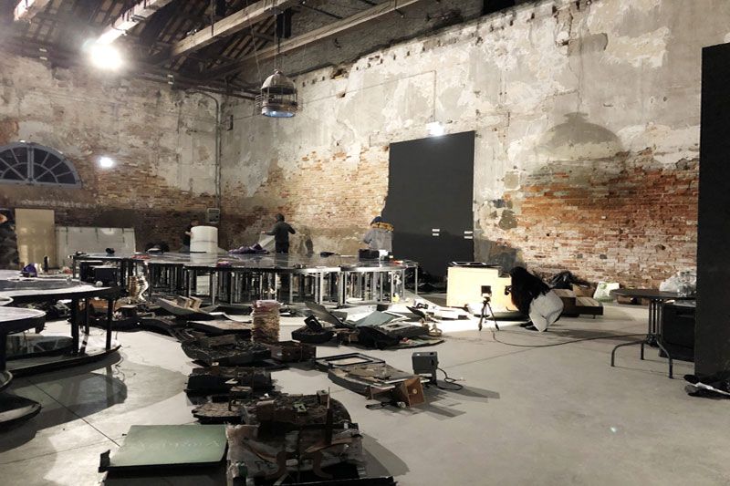 The Philippine Pavilion hall at the Arsenale stripped back to steel frames and crates after the Biennale closed