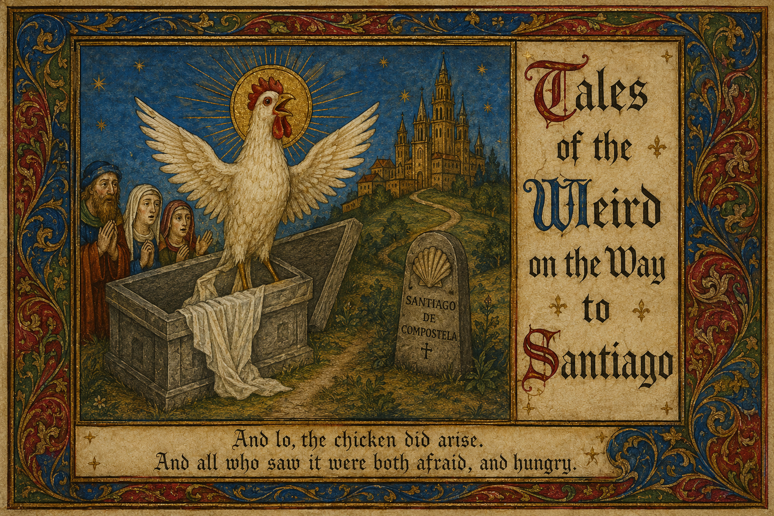 Mock illuminated manuscript: a haloed chicken rises from a stone tomb before praying pilgrims, beside a scallop-marked Santiago de Compostela milestone