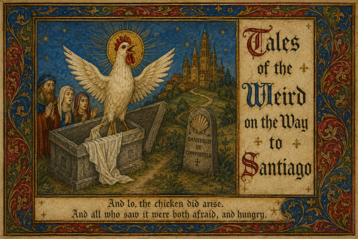 Mock illuminated manuscript: a haloed chicken rises from a stone tomb before praying pilgrims, beside a scallop-marked Santiago de Compostela milestone