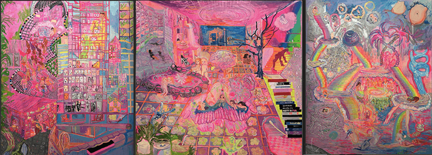 Riotous pink triptych crammed with cartoonish figures, toys and neon doodles by Maria Jeona Zoleta