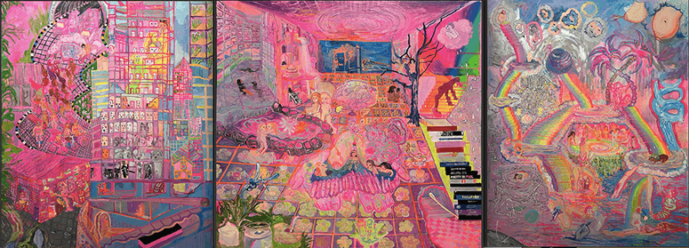 Riotous pink triptych crammed with cartoonish figures, toys and neon doodles by Maria Jeona Zoleta