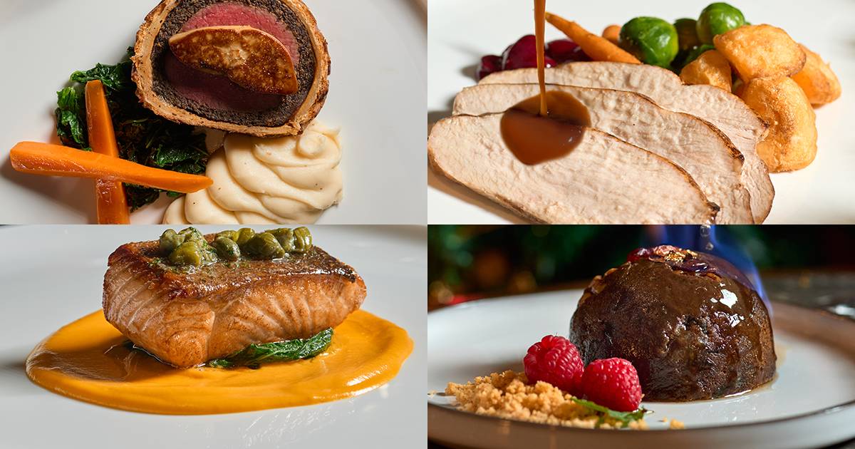 Four festive dishes in a grid: beef Wellington, sliced turkey, glazed salmon and a dark pudding