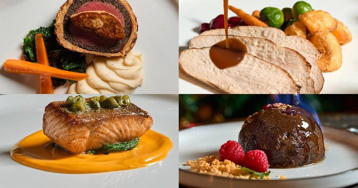 Four festive dishes in a grid: beef Wellington, sliced turkey, glazed salmon and a dark pudding