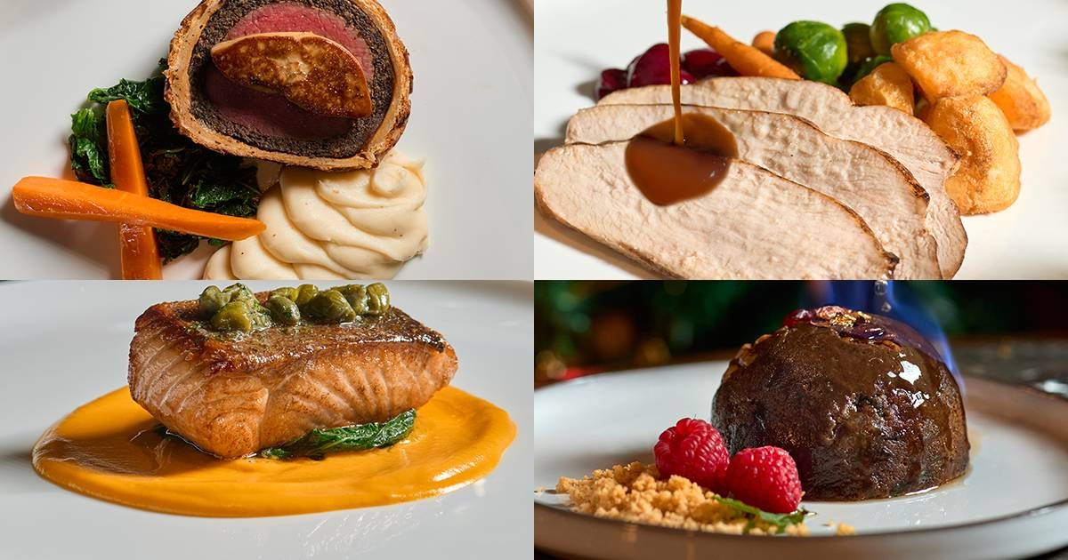 Four festive dishes in a grid: beef Wellington, sliced turkey, glazed salmon and a dark pudding
