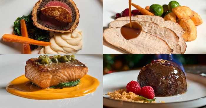 Four festive dishes in a grid: beef Wellington, sliced turkey, glazed salmon and a dark pudding
