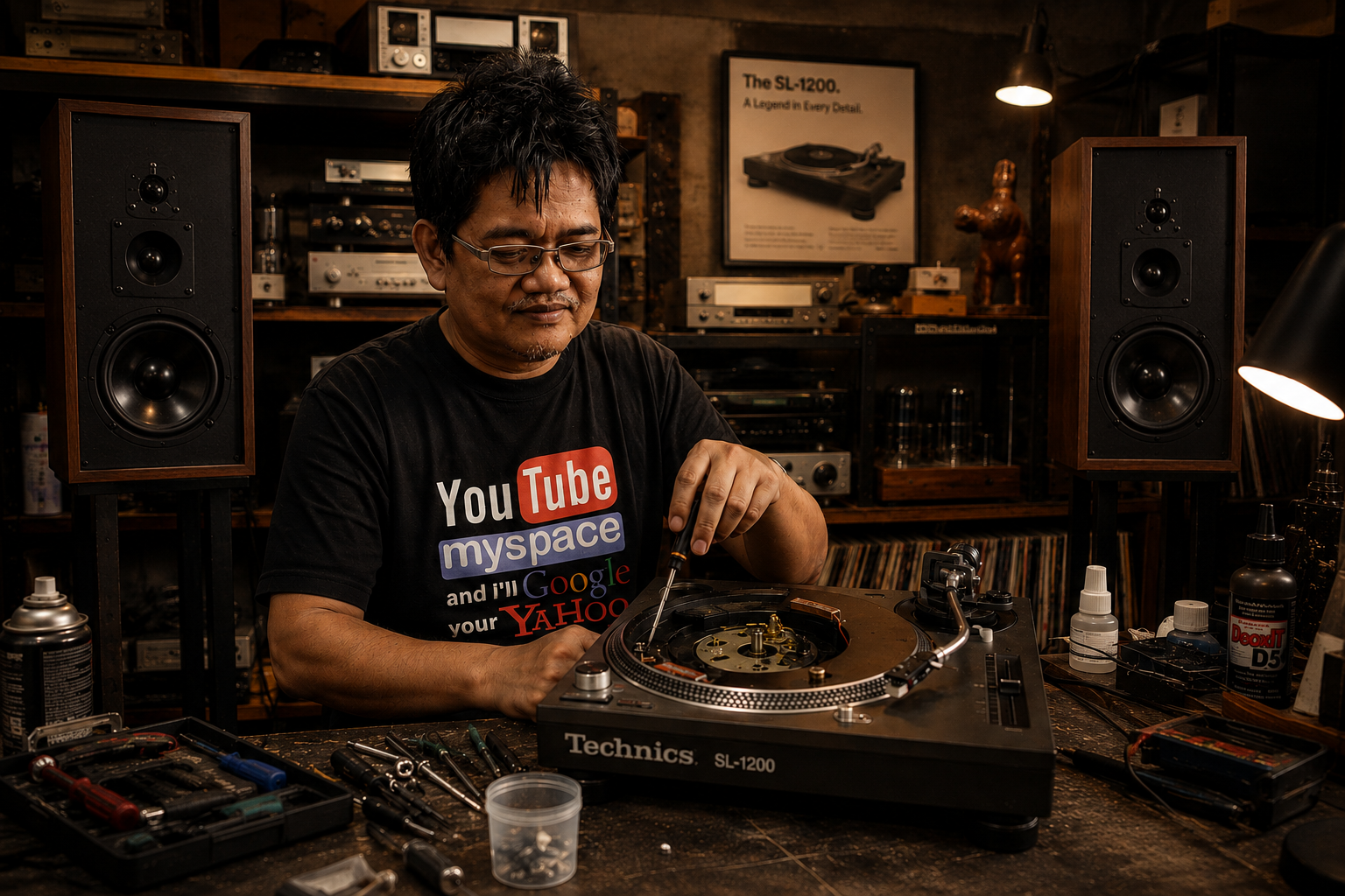 A technician in glasses works on the platter of a Technics SL-1200 turntable at a cluttered bench, surrounded by speakers, valve amplifiers and shelves of hi-fi gear