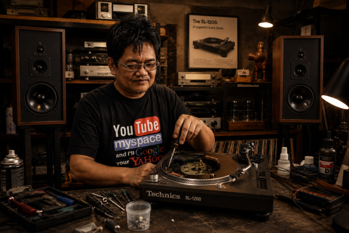 A technician in glasses works on the platter of a Technics SL-1200 turntable at a cluttered bench, surrounded by speakers, valve amplifiers and shelves of hi-fi gear