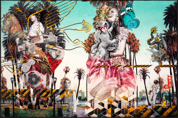 Ronald Ventura’s ‘State of Bloom’: a woman in a pink gown amid palms, butterflies, engines and an astronaut under a teal sky