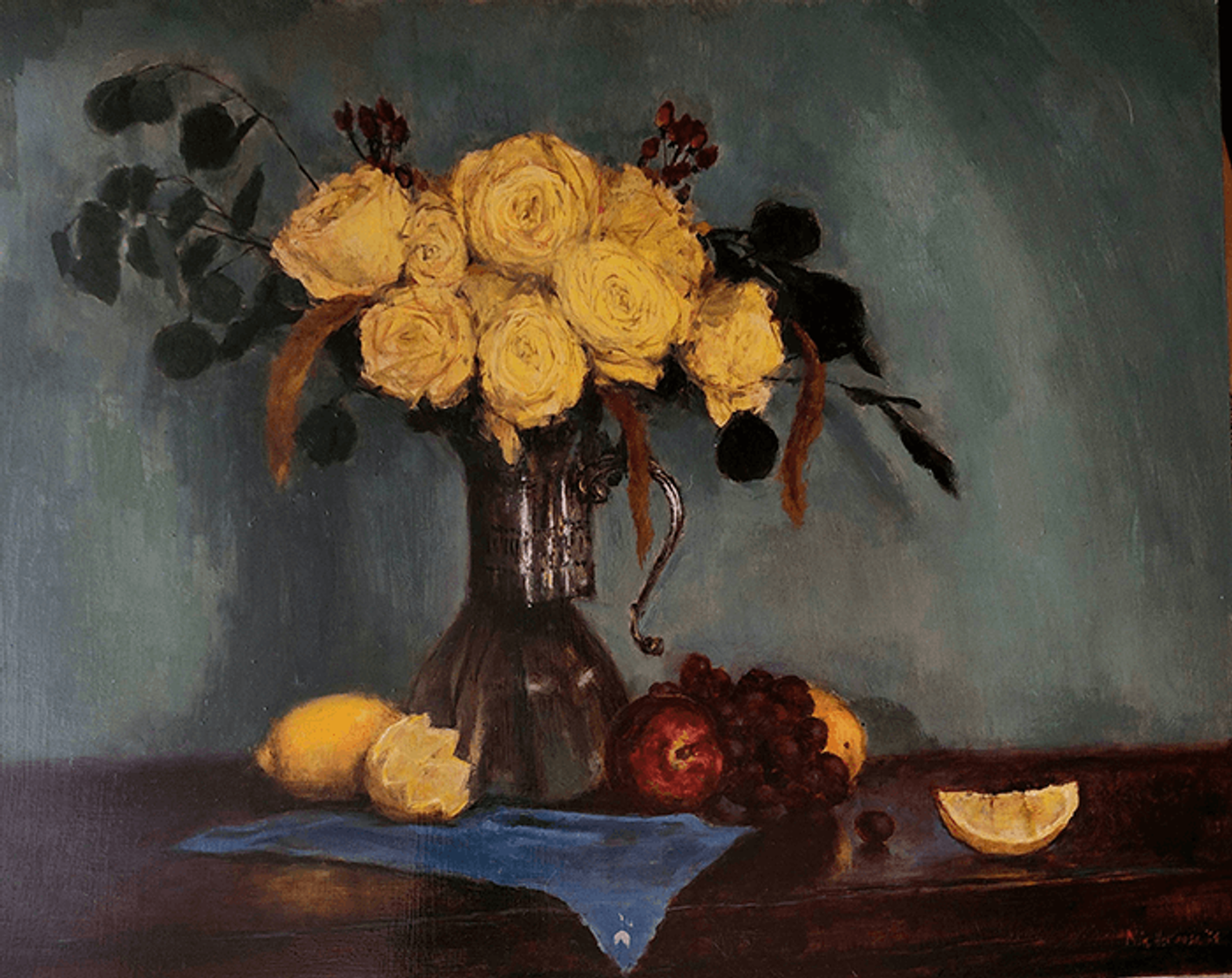 Still life painting titled Yellow Roses and Brown-Eyed Susans showing a metal pitcher filled with yellow roses next to grapes and lemons