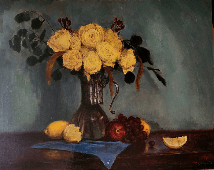 Still life painting titled Yellow Roses and Brown-Eyed Susans showing a metal pitcher filled with yellow roses next to grapes and lemons