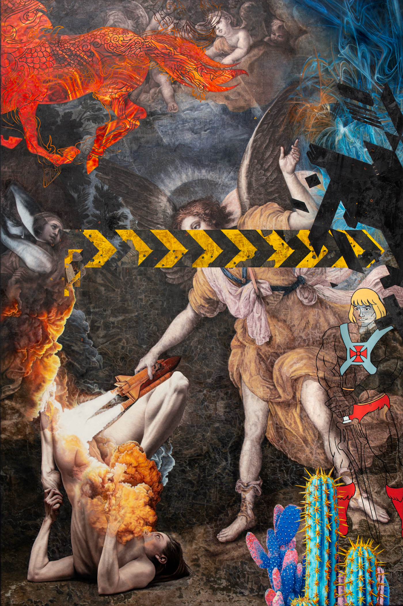 Ronald Ventura’s ‘Territorial Complexities’: baroque angels layered with a fiery red horse, hazard chevrons, He-Man and blue cacti