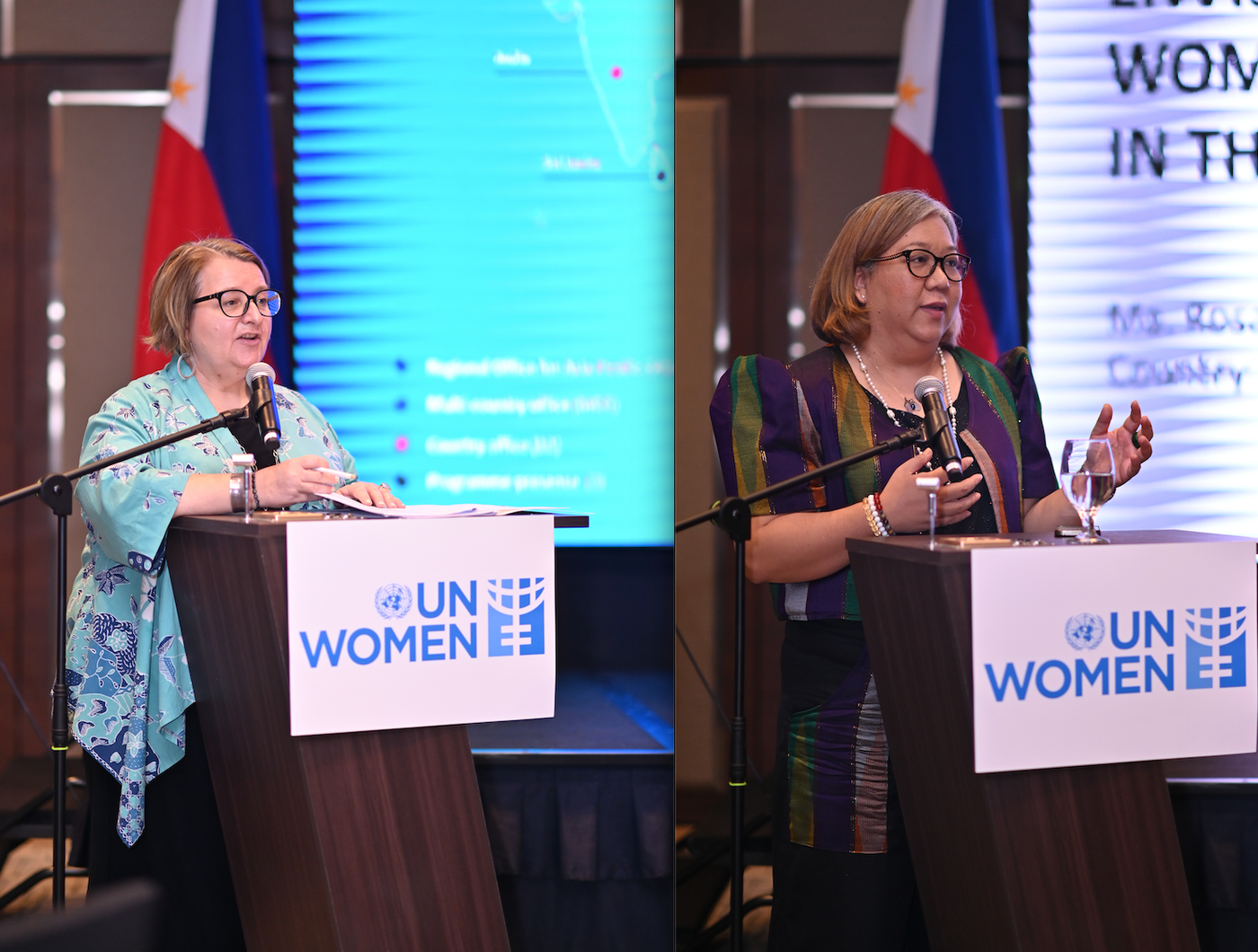 Side-by-side portraits of UN Women’s Sarah Knibbs and Rosalyn Mesina speaking at microphones, with their quoted remarks
