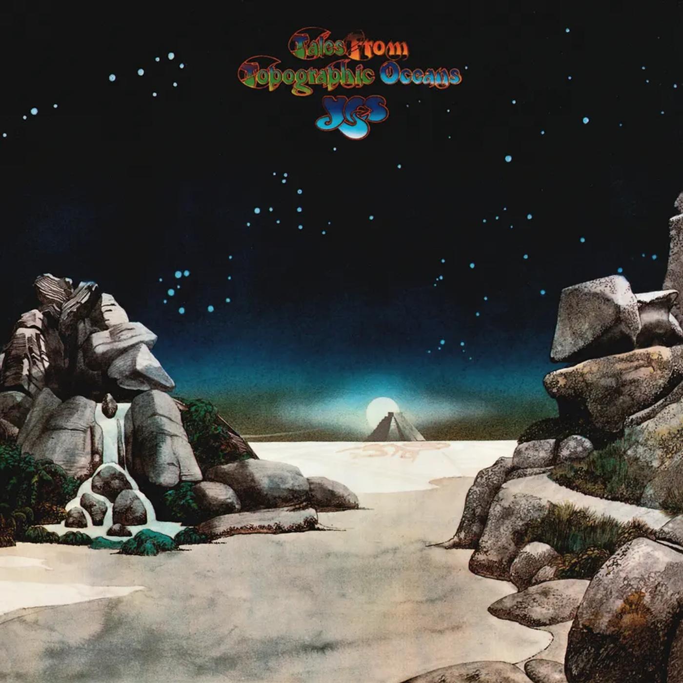 Starlit fantasy landscape of rock spires on Yes’ Tales from Topographic Oceans album cover