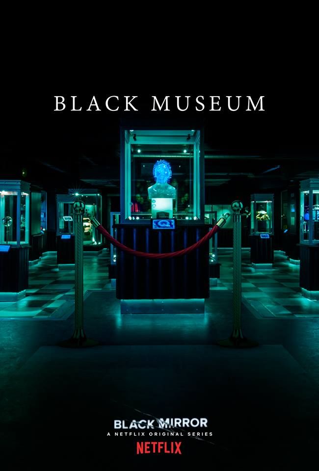 Black Museum episode poster: glowing exhibit cases and a red velvet rope in a teal-lit gallery