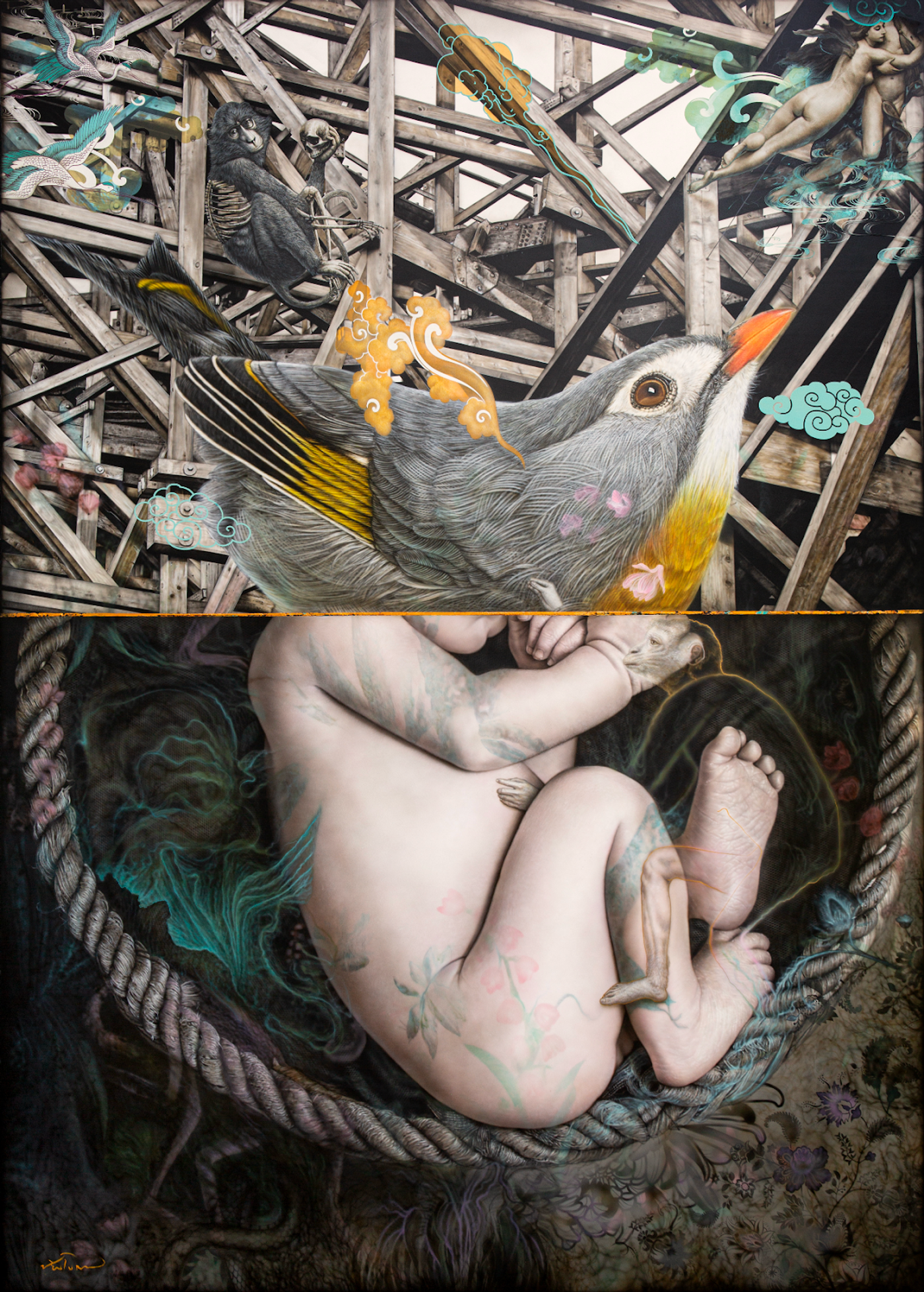 ‘Birth Nest’ by Ronald Ventura pairs a songbird amid wooden scaffolding with a tattooed infant curled asleep in a rope nest