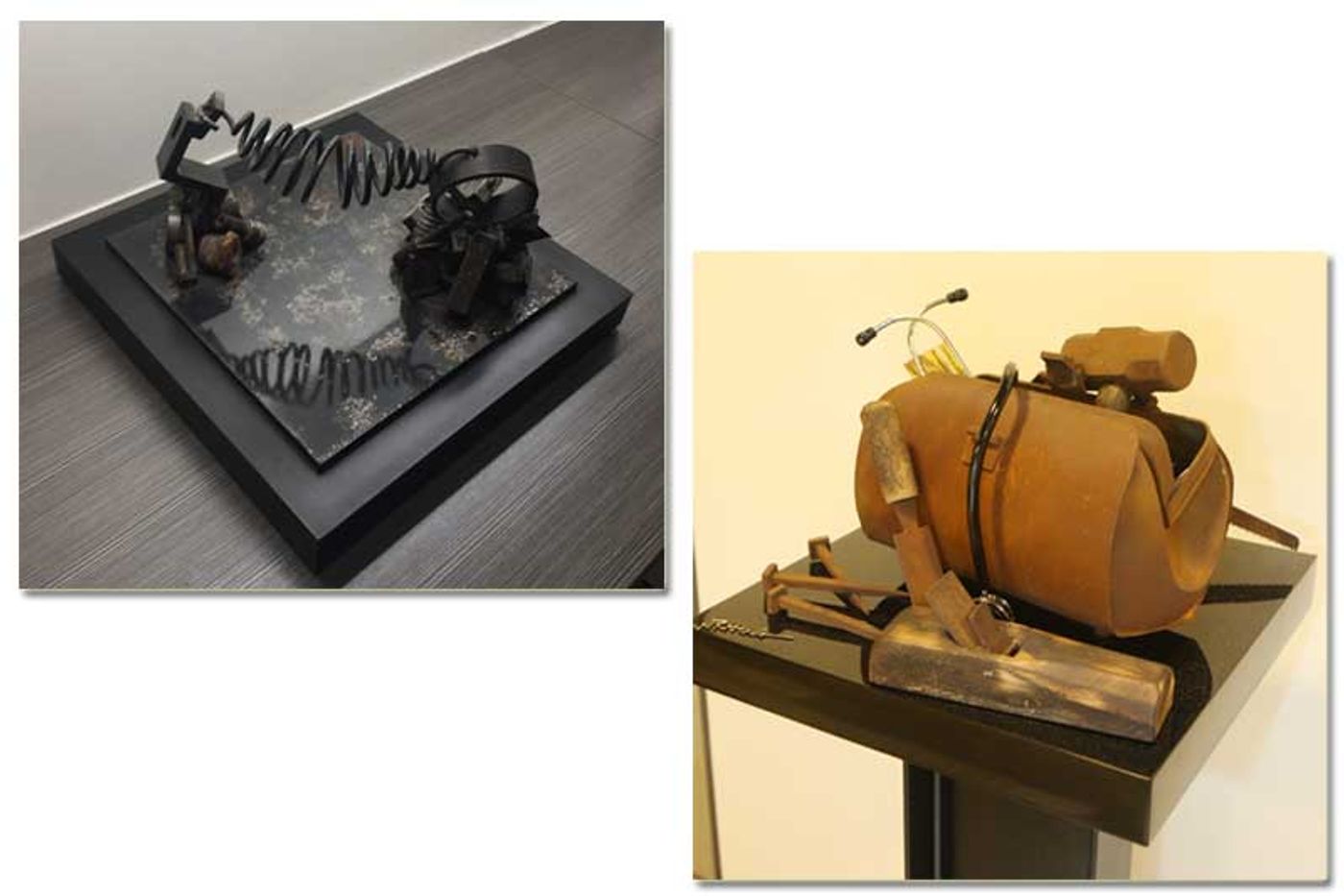 Two welded metal sculptures on plinths, one a coiled spring form on a dark base and the other a rusted cylinder bound with cable