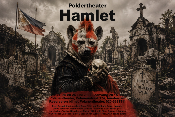 Mock theatre poster for a Poldertheater production of Hamlet: a hyena in an Elizabethan doublet, its face streaked red, cradles a skull among Filipino tombs beneath a tattered Philippine flag