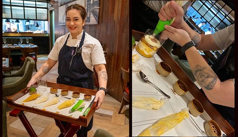 Head chef Bea Therese Qua carrying a dessert tray, beside a close-up of her Gordon Ramsay arm tattoo
