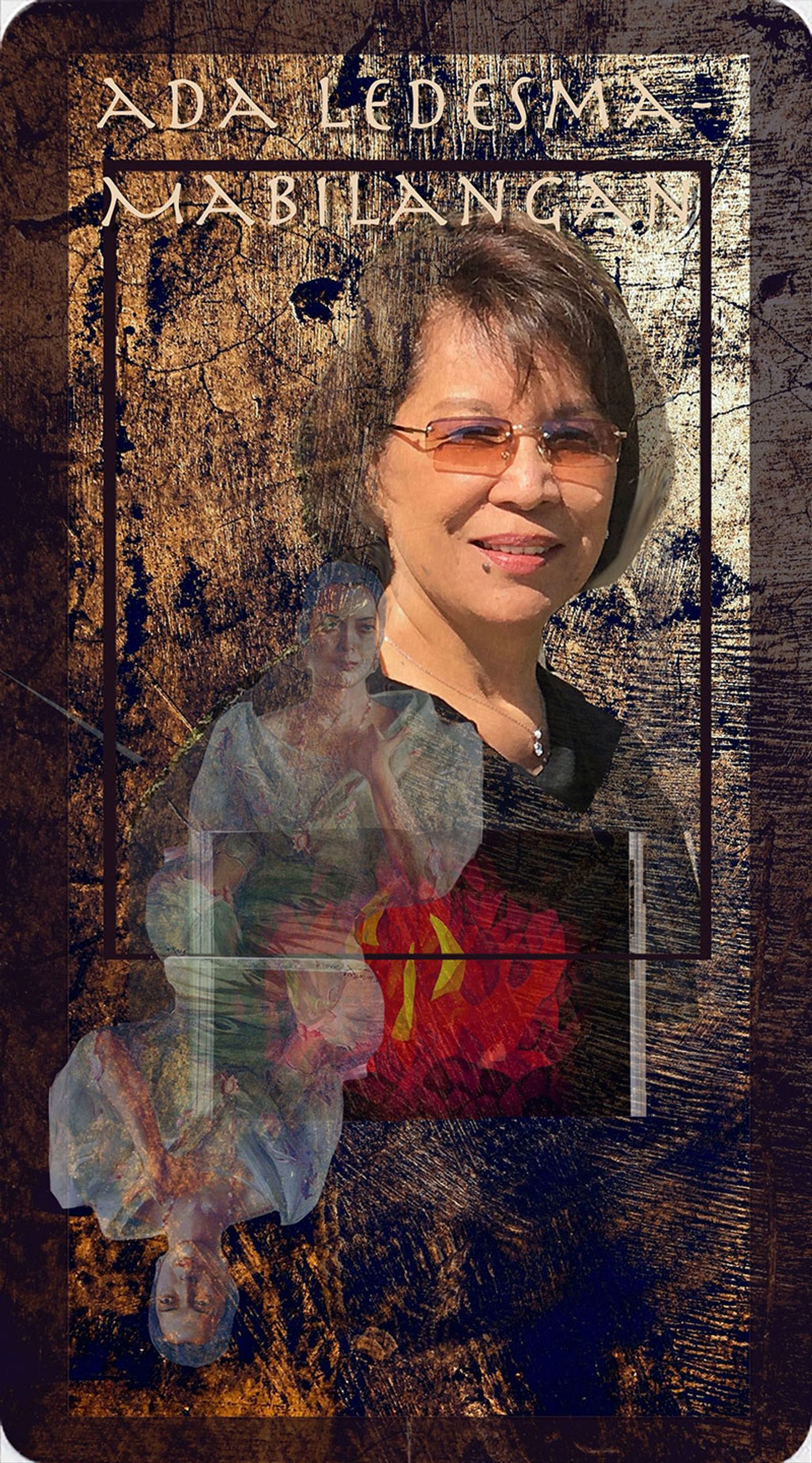 Composite portrait card of Ada Ledesma-Mabilangan smiling in tinted glasses and a dark collar, montaged with a ballet dancer in pale blue and a burst of red and yellow stage light