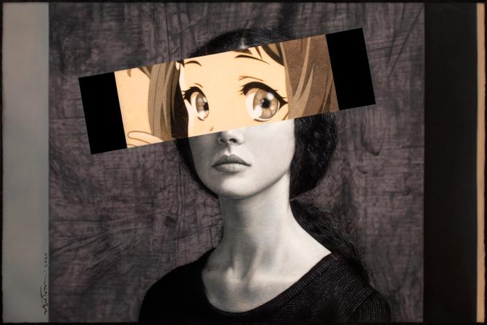 Painting of a grayscale young woman with a color anime-eyes panel collaged across her face, Ventura’s Doll Eyes