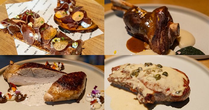 Collage of four plated dishes from The Test Kitchen, including cured meats, a glazed lamb shank and a pork chop