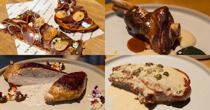 Collage of four plated dishes from The Test Kitchen, including cured meats, a glazed lamb shank and a pork chop