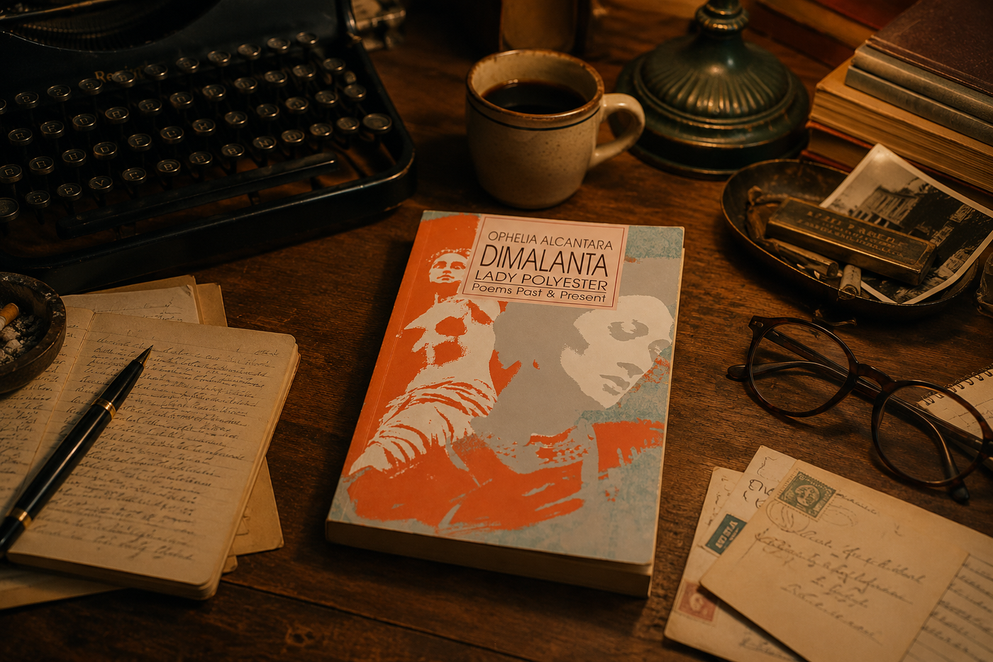 Ophelia Alcantara Dimalanta’s book Lady Polyester: Poems Past & Present stands on a wooden desk among a typewriter, a coffee cup, handwritten notebooks, reading glasses and old letters