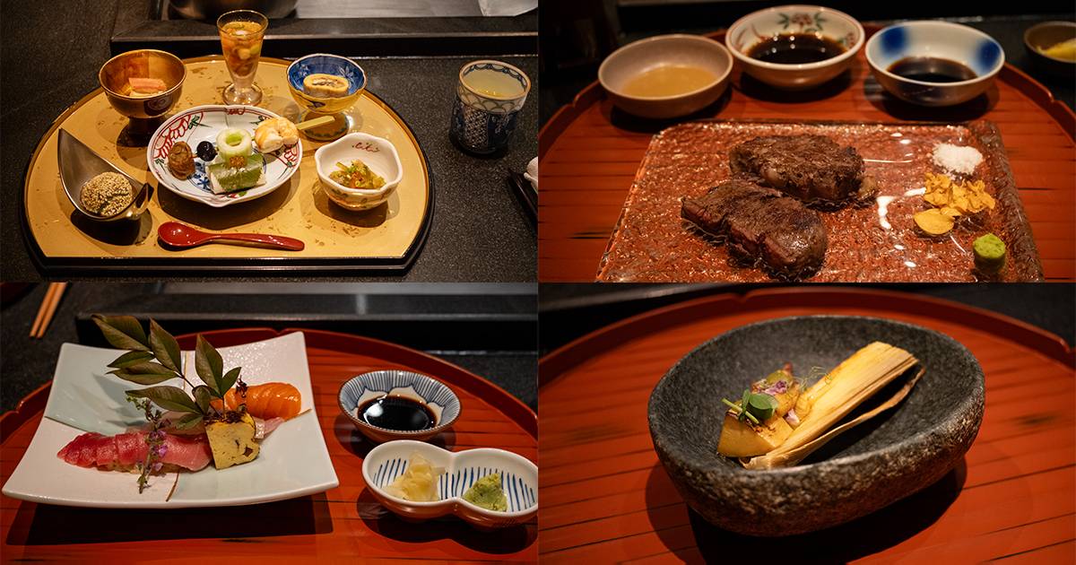 Four courses at Yamazato: appetizer trays, seared wagyu, sushi and a stone bowl of bamboo shoots