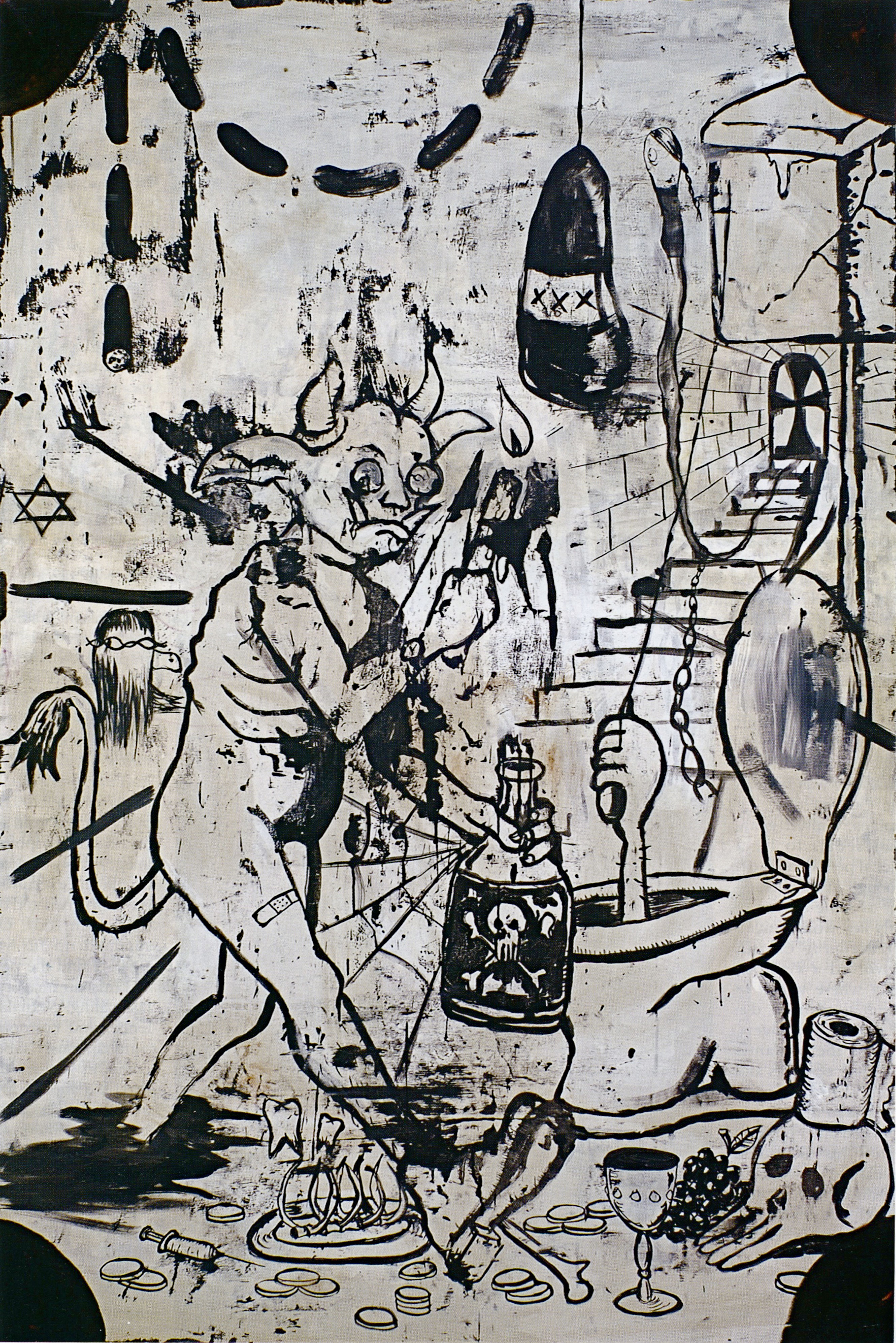 Black and white Manuel Ocampo painting of a horned devil in a suit at a table set with a skull-labelled bottle, coins, a chalice and a bomb hanging overhead marked XXX