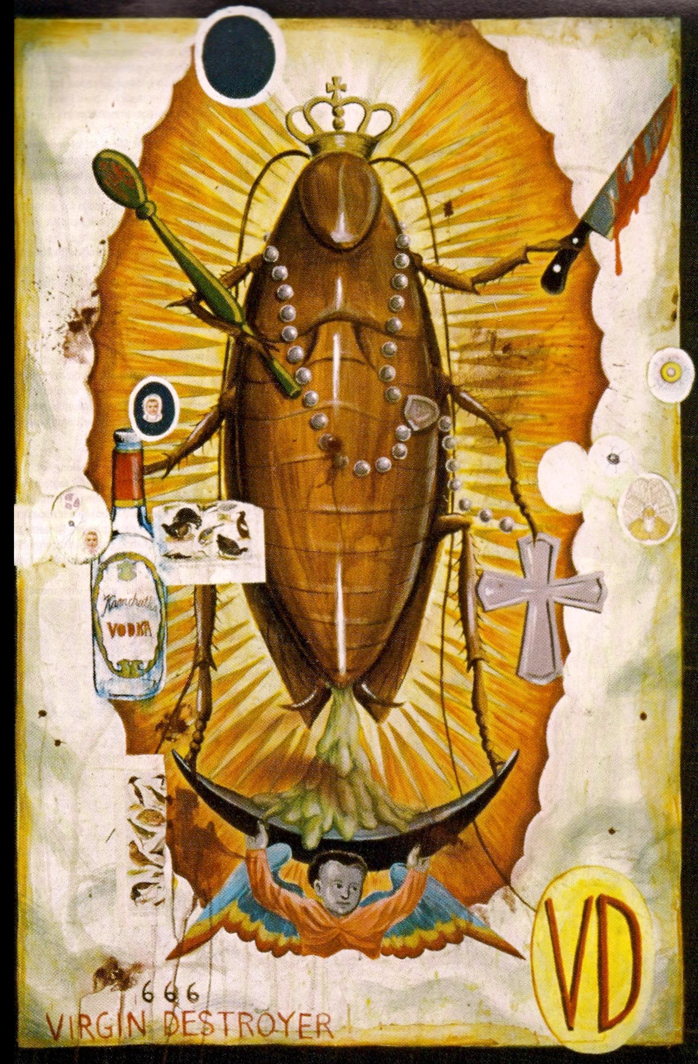 Virgin Destroyer by Manuel Ocampo: a crowned cockroach stands in the golden mandorla of the Virgin of Guadalupe with a rosary, a green sceptre and a bloodied cleaver, above a winged cherub on a crescent moon