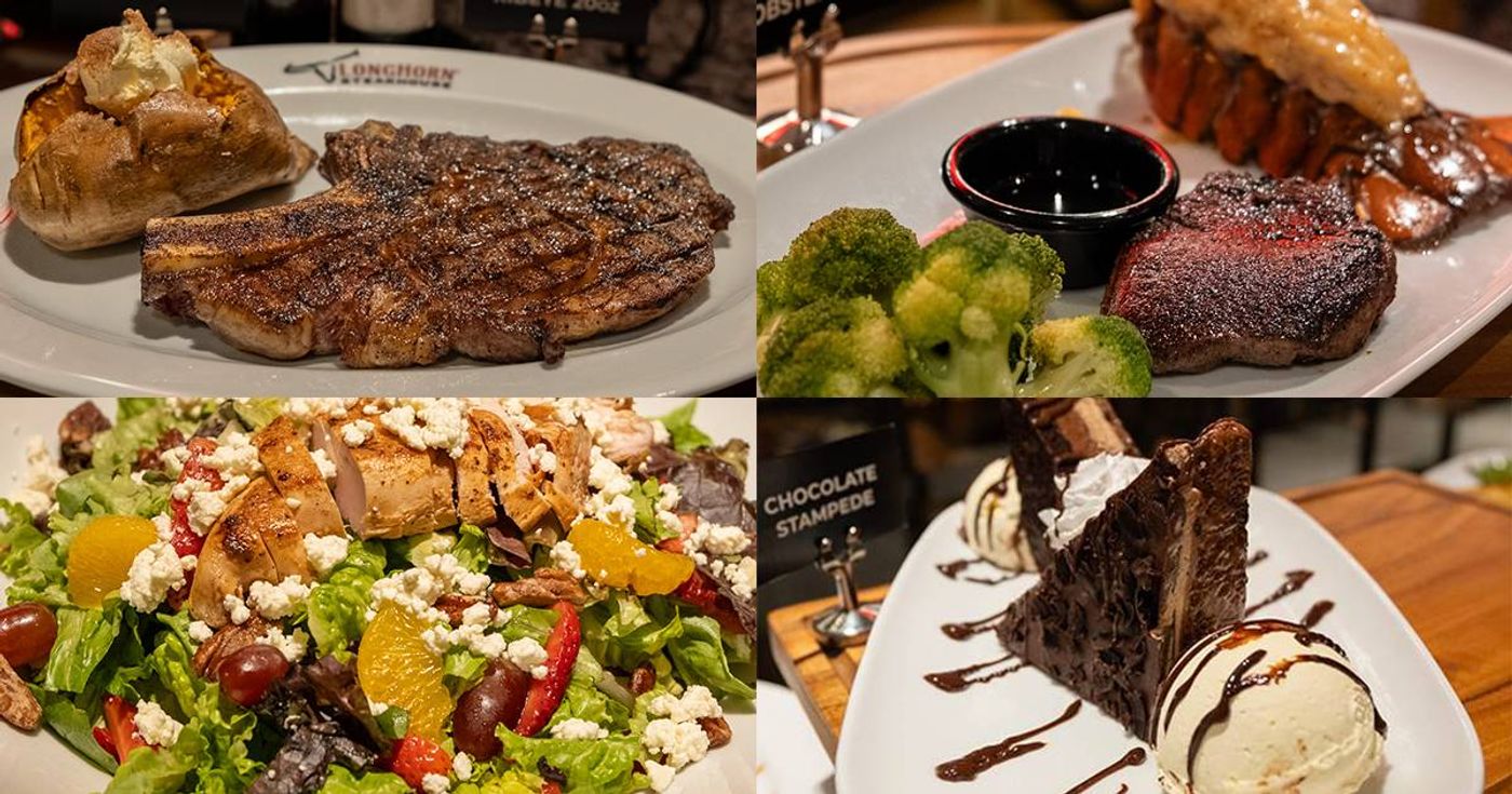 Collage of LongHorn Steakhouse dishes: grilled steaks, lobster tail, a chicken salad and a chocolate dessert