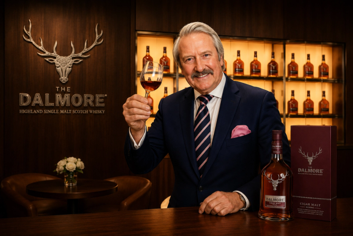 Richard Paterson raises a nosing glass of whisky in a navy blazer and striped tie