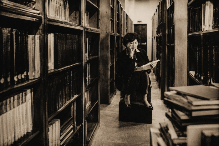 In a sepia photo, poet Ophelia Alcantara Dimalanta stands on a low wooden pedestal in a dim library aisle between towering bookshelves, absorbed in an open book