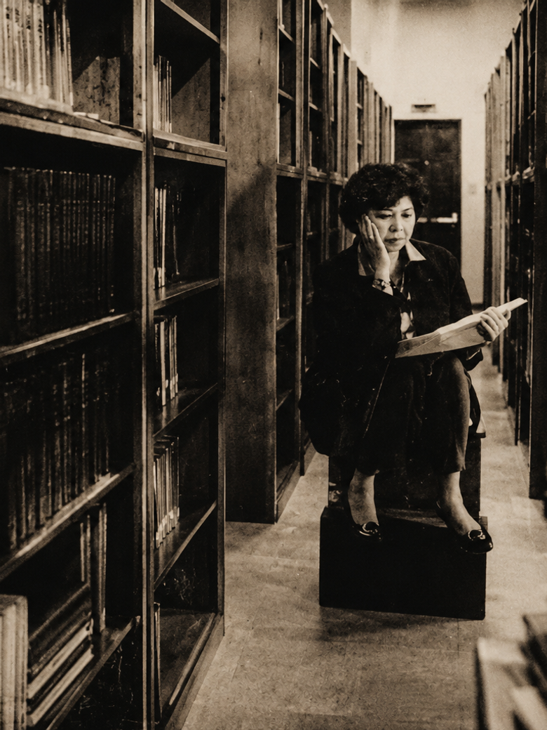 In a sepia photo, poet Ophelia Alcantara Dimalanta stands on a low wooden pedestal in a dim library aisle between towering bookshelves, absorbed in an open book