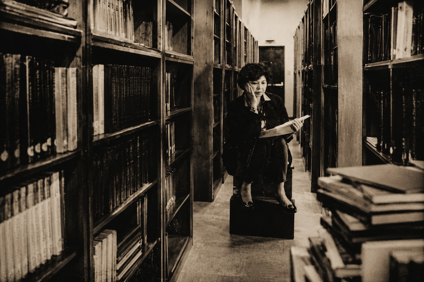 In a sepia photo, poet Ophelia Alcantara Dimalanta stands on a low wooden pedestal in a dim library aisle between towering bookshelves, absorbed in an open book