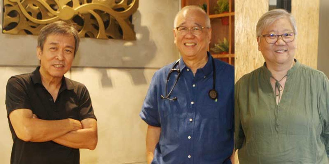 Three portraits side by side: a man with folded arms, a doctor in a blue shirt with a stethoscope, and a woman in green