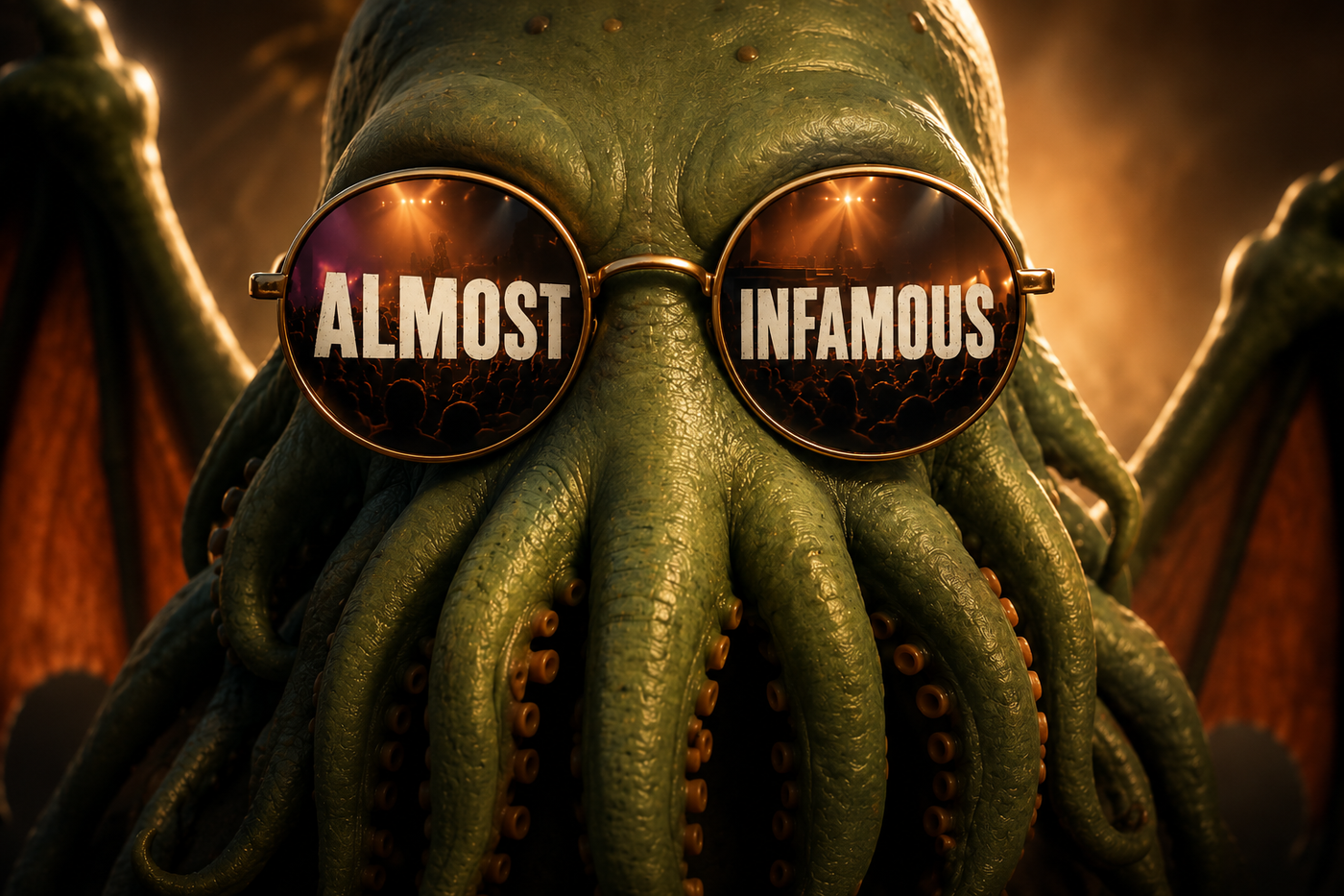 Close-up of a green tentacle-faced Cthulhu in round tinted glasses, the words ALMOST and INFAMOUS lit across the lenses above a crowd and stage lights