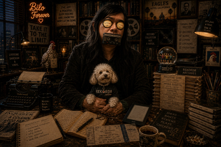 Dark still life of a long haired writer with VU meters for eyes and a cassette taped over his mouth, holding a poodle in a REKORDR t-shirt among an Underwood typewriter, Steely Dan LPs and stacked archives of his newspaper years