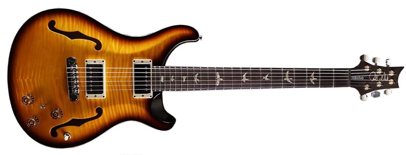 A sunburst PRS Hollowbody electric guitar photographed side-on against white, with bird inlays running down the fretboard
