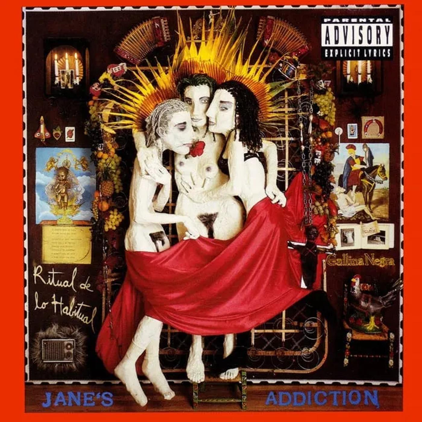 Jane’s Addiction’s Ritual de lo Habitual cover with three sculpted nude figures draped in red