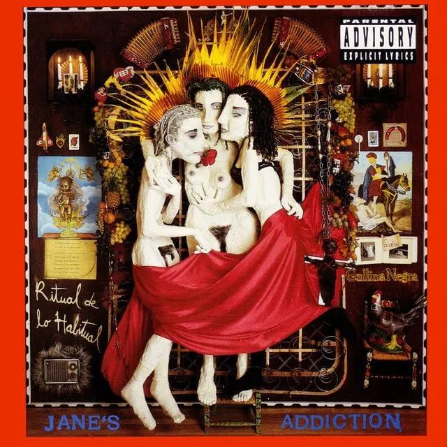 Jane’s Addiction’s Ritual de lo Habitual cover with three sculpted nude figures draped in red