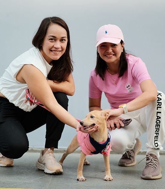 RC Tiongson and Jeremei Raagas crouch on either side of Olive, a small tan dog in a pink shirt, on a tiled floor