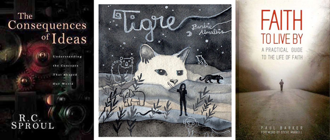 Three covers side by side: a dark R.C. Sproul paperback, Barbie Almalbis’s Tigre record with a painted white cat, and a Paul Barker book showing a figure on a misty road