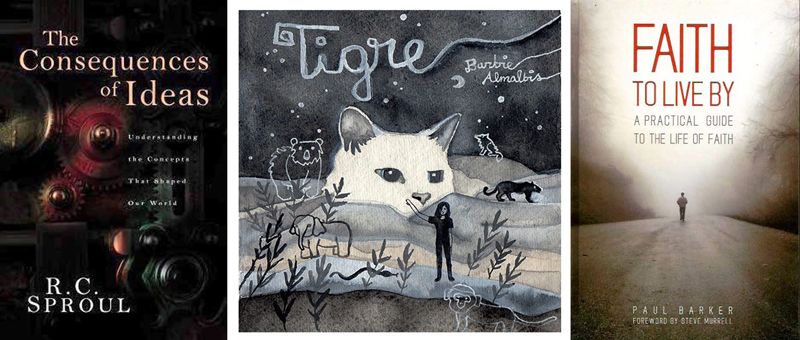 Three covers side by side: a dark R.C. Sproul paperback, Barbie Almalbis’s Tigre record with a painted white cat, and a Paul Barker book showing a figure on a misty road